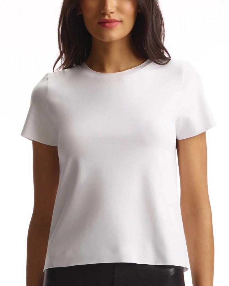 Front of a model wearing a size Large Essential Cotton Crewneck Tee in White in White by Commando. | dia_product_style_image_id:334249